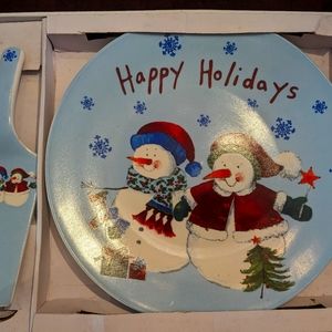 Christmas Holidays Blue Snowmen Pie and Cake Plate Server Platter Set